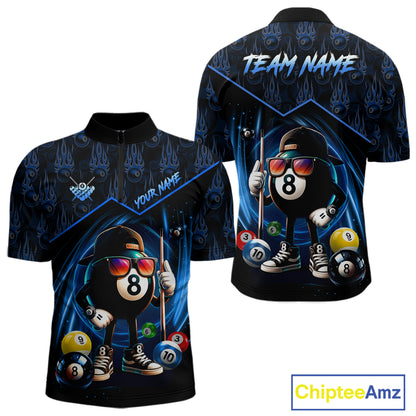 Blue Funny 8 Ball Pool Billiard Shirt For Men Custom Flame Billiard Team Jersey Polo & 1/4 Zip TDM6346