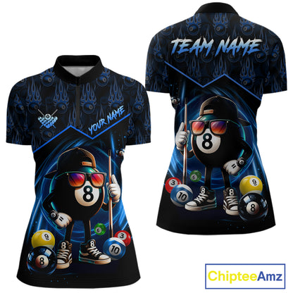 Blue Funny 8 Ball Pool Billiard Shirt For Women Custom Flame Billiard Team Jersey Polo & 1/4 Zip TDM6346