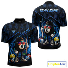 Load image into Gallery viewer, Blue Funny 8 Ball Pool Billiard Shirt For Men Custom Flame Billiard Team Jersey Polo &amp; 1/4 Zip TDM6346