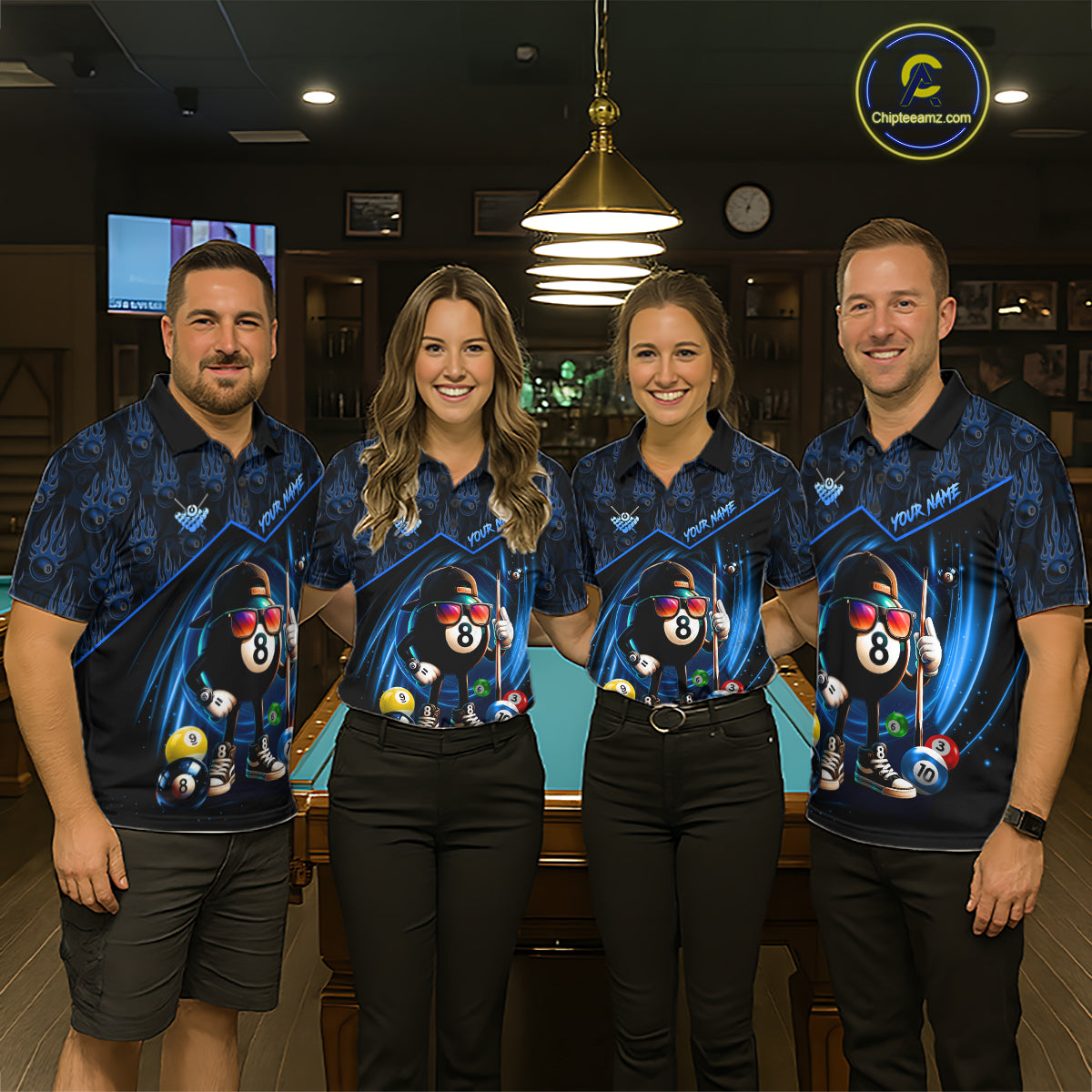 Blue Funny 8 Ball Pool Billiard Shirt For Women Custom Flame Billiard Team Jersey Polo & 1/4 Zip TDM6346