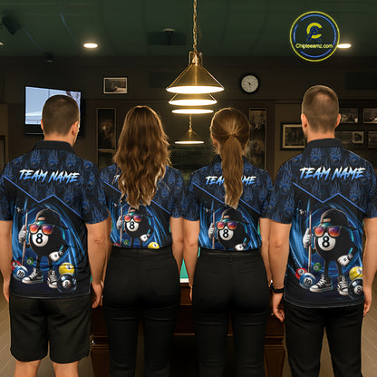 Blue Funny 8 Ball Pool Billiard Shirt For Women Custom Flame Billiard Team Jersey Polo & 1/4 Zip TDM6346