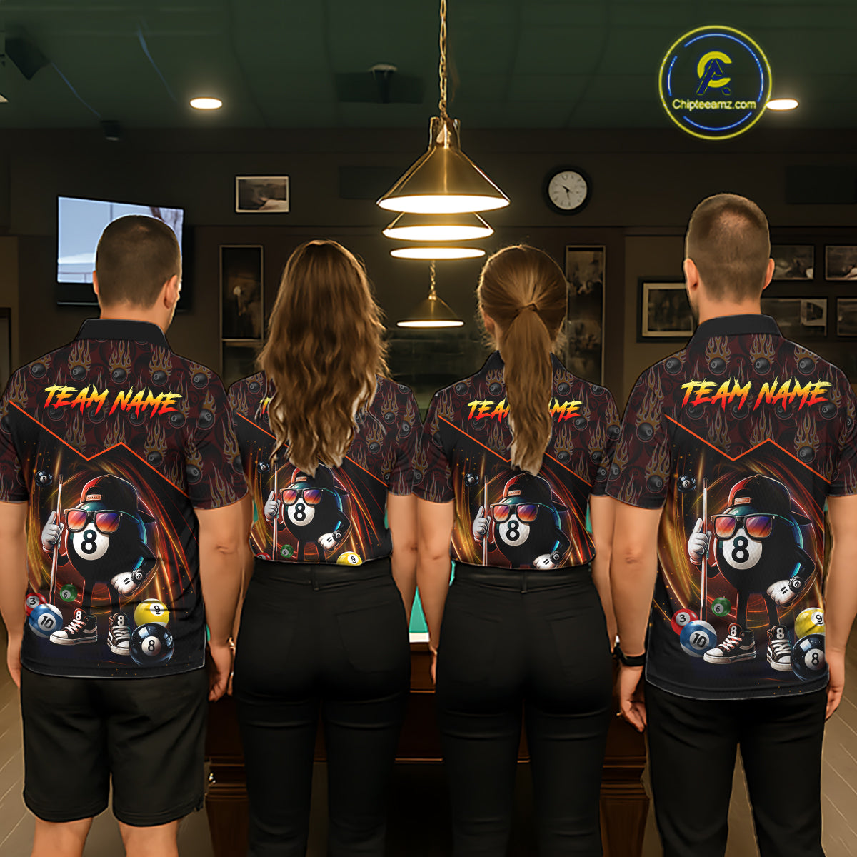 Orange Funny 8 Ball Pool Billiard Shirt For Women Custom Flame Billiard Team Jersey Polo & 1/4 Zip TDM6347