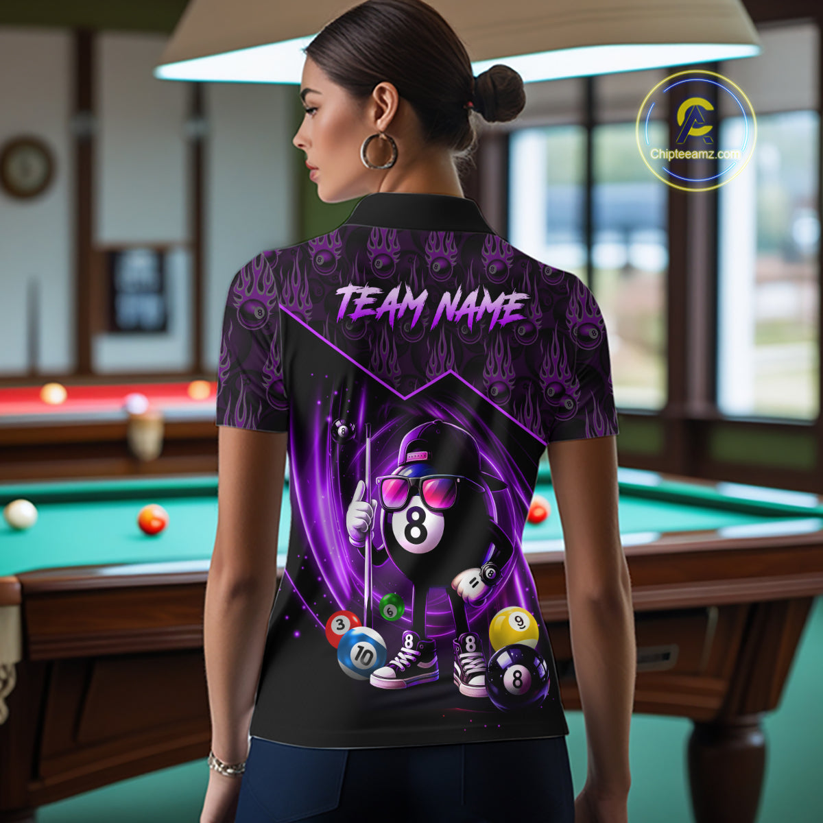 Purple Funny 8 Ball Pool Billiard Shirt For Women Custom Flame Billiard Team Jersey Polo & 1/4 Zip TDM6348
