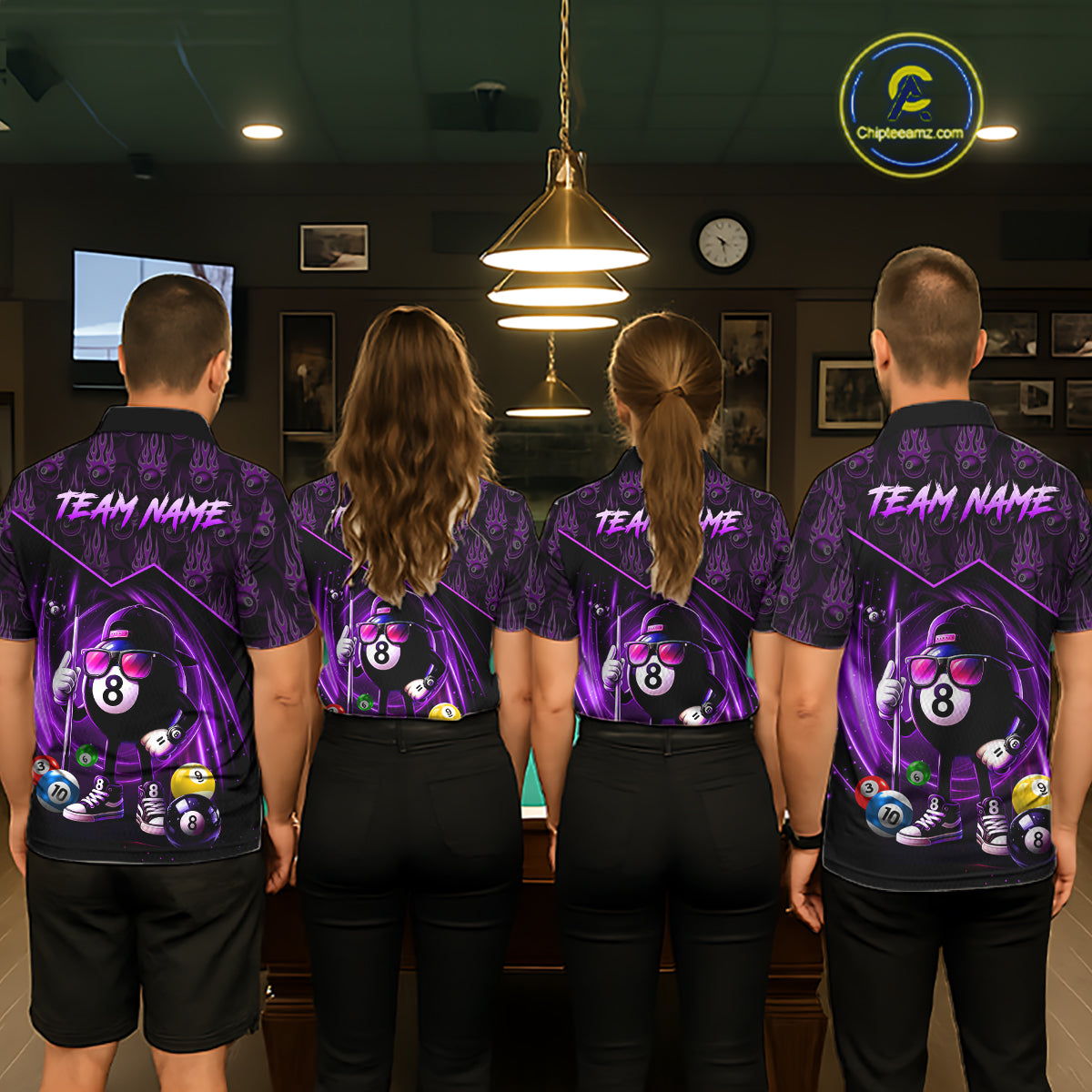 Purple Funny 8 Ball Pool Billiard Shirt For Women Custom Flame Billiard Team Jersey Polo & 1/4 Zip TDM6348