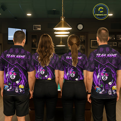 Purple Funny 8 Ball Pool Billiard Shirt For Women Custom Flame Billiard Team Jersey Polo & 1/4 Zip TDM6348