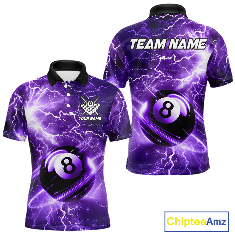 Purple 8 ball thunder lightning billiard polo shirt for men with custom pool team graphics.