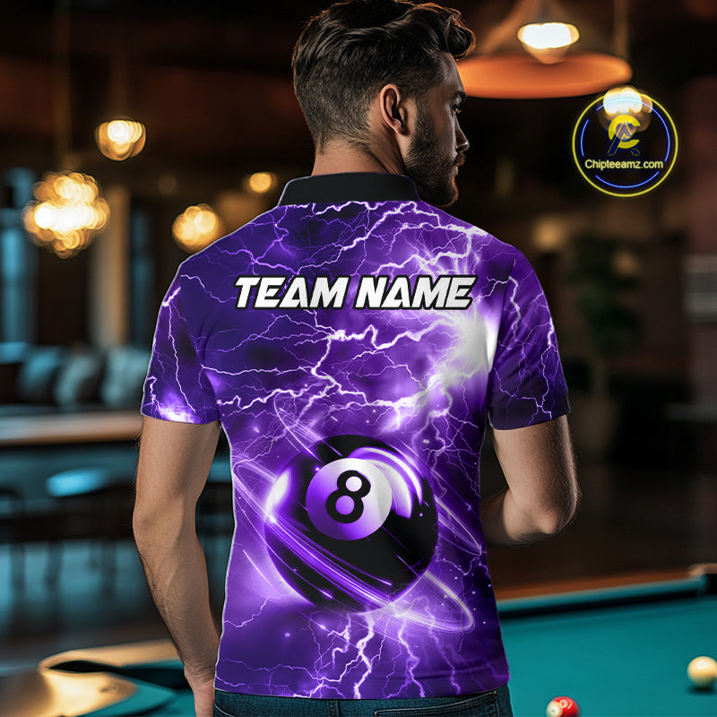 Back view of man wearing a purple thunder lightning 8 ball pool shirt in a billiards hall.