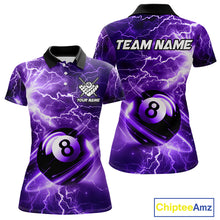 Load image into Gallery viewer, Purple 8 ball thunder lightning billiard polo shirt for women with custom pool team graphics.