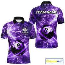 Load image into Gallery viewer, Purple 8 ball thunder lightning billiard polo shirt for men with custom pool team graphics.