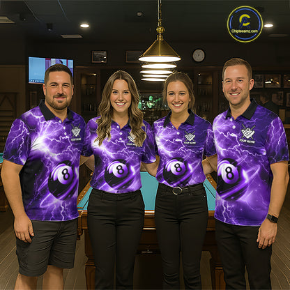 Pool team wearing matching purple 8 ball thunder lightning billiard jerseys during tournament play front view.
