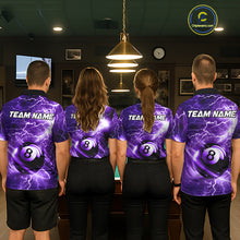 Load image into Gallery viewer, Back view of pool players wearing matching purple lightning billiard shirts in a game room.