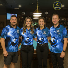 Load image into Gallery viewer, Pool team wearing matching blue 8 ball thunder lightning billiard jerseys during league matches front view.