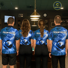 Load image into Gallery viewer, Back view of pool players wearing matching blue lightning billiard shirts in a game room.