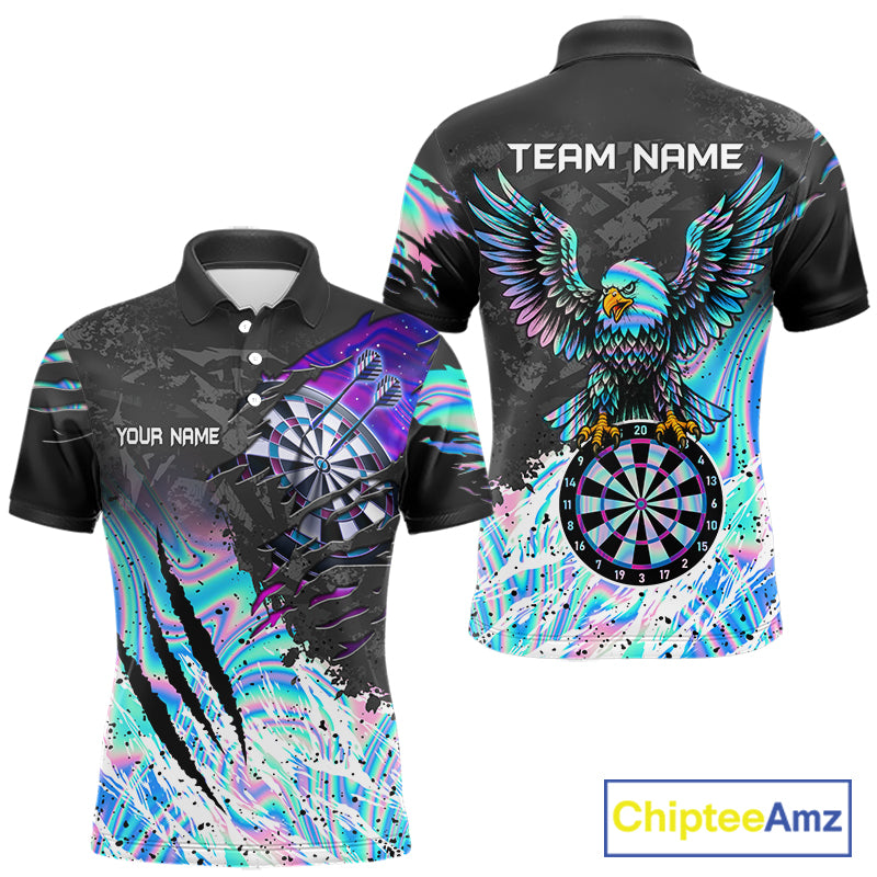 Custom holographic dartboard eagle darts team jersey polo shirt for men featuring a holographic eagle and dartboard design, premium custom darts league apparel.