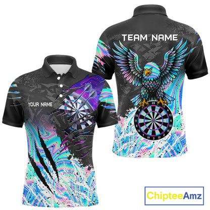Custom holographic dartboard eagle darts team jersey polo shirt for men featuring a holographic eagle and dartboard design, premium custom darts league apparel.