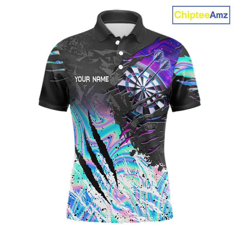Custom holographic dartboard eagle darts team jersey polo shirt for men featuring a holographic eagle and dartboard design, premium custom darts league apparel.