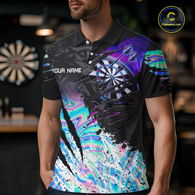 Man wearing custom holographic dartboard eagle darts team jersey polo shirt featuring holographic eagle dartboard artwork, front view.