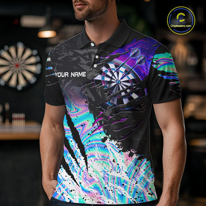 Man wearing custom holographic dartboard eagle darts team jersey polo shirt featuring holographic eagle dartboard artwork, front view.