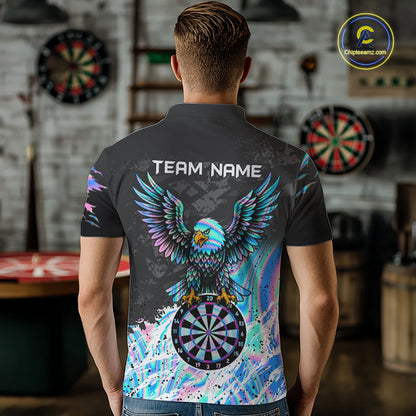 Man wearing custom holographic dartboard eagle darts team jersey polo shirt featuring holographic eagle dartboard artwork, back view.