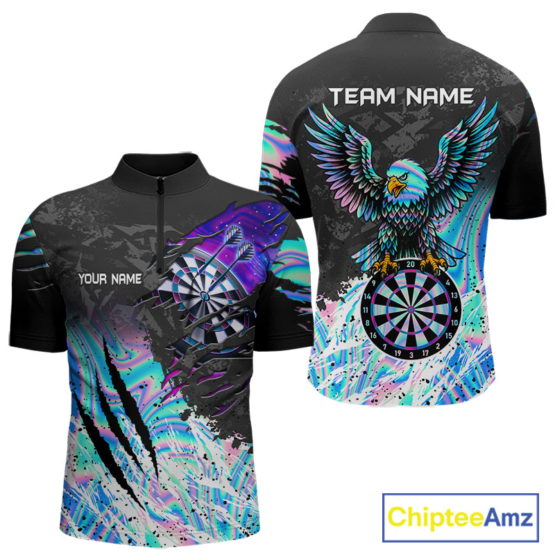 Custom holographic dartboard eagle darts team jersey quarter zip shirt for men featuring holographic eagle dartboard artwork, premium custom darts apparel.