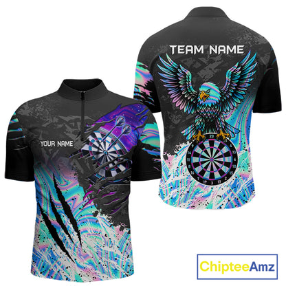 Custom holographic dartboard eagle darts team jersey quarter zip shirt for men featuring holographic eagle dartboard artwork, premium custom darts apparel.