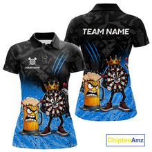 Load image into Gallery viewer, Personalized blue funny crown dartboard beer darts team jersey polo shirt for women featuring a crown dartboard and beer design, premium custom darts league apparel.