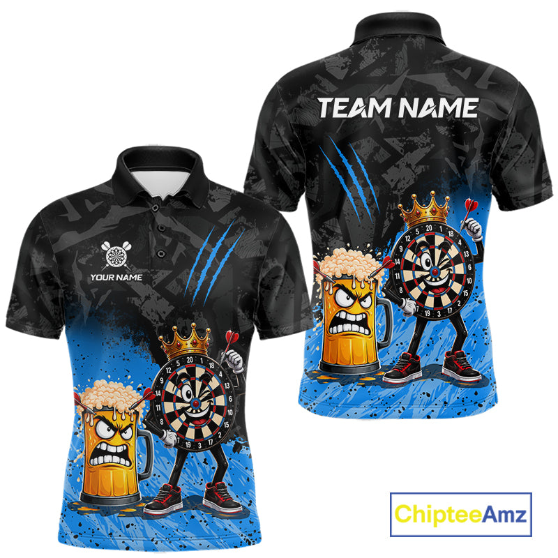 Personalized blue funny crown dartboard beer darts team jersey polo shirt for men featuring a crown dartboard and beer design, premium custom darts league apparel.