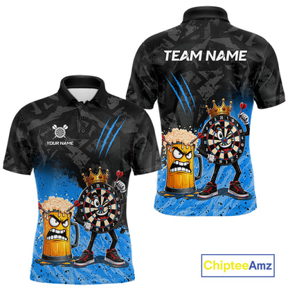 Personalized blue funny crown dartboard beer darts team jersey polo shirt for men featuring a crown dartboard and beer design, premium custom darts league apparel.