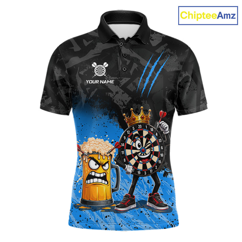 Personalized blue funny crown dartboard beer darts team jersey polo shirt for men featuring a crown dartboard and beer design, premium custom darts league apparel.
