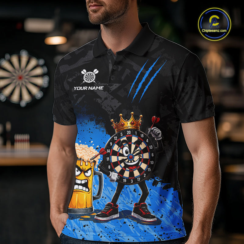 Man wearing personalized blue funny crown dartboard beer darts team jersey polo shirt featuring crown dartboard beer artwork, front view.