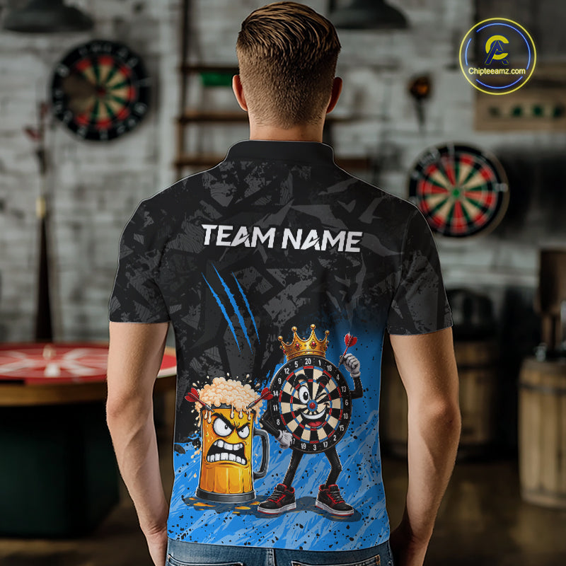 Man wearing personalized blue funny crown dartboard beer darts team jersey polo shirt featuring crown dartboard beer artwork, back view.