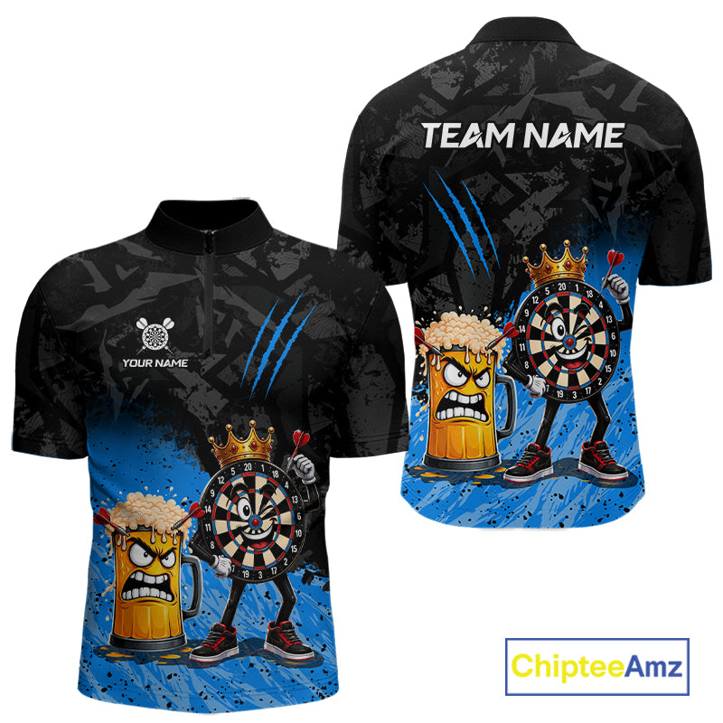 Personalized blue funny crown dartboard beer darts team jersey quarter zip shirt for men featuring funny crown dartboard beer artwork, premium custom darts apparel.