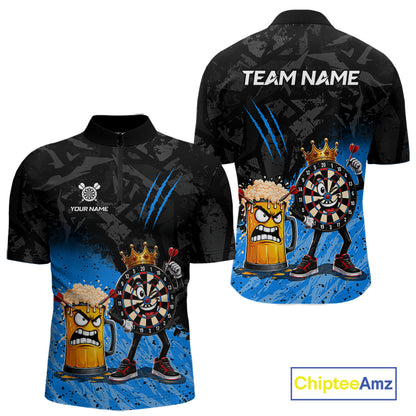 Personalized blue funny crown dartboard beer darts team jersey quarter zip shirt for men featuring funny crown dartboard beer artwork, premium custom darts apparel.