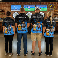 Load image into Gallery viewer, Darts team wearing matching personalized blue funny crown dartboard beer darts team jerseys, front view.