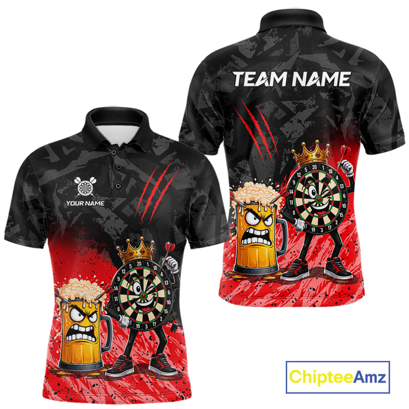 Personalized red funny crown dartboard beer darts team jersey polo shirt for men featuring a crown dartboard and beer design, premium custom darts league apparel.