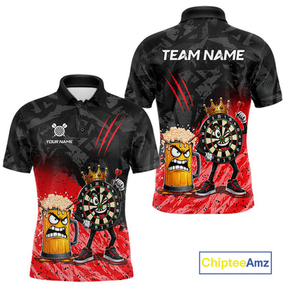 Personalized red funny crown dartboard beer darts team jersey polo shirt for men featuring a crown dartboard and beer design, premium custom darts league apparel.