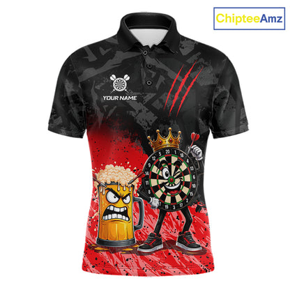 Personalized red funny crown dartboard beer darts team jersey polo shirt for men featuring a crown dartboard and beer design, premium custom darts league apparel.