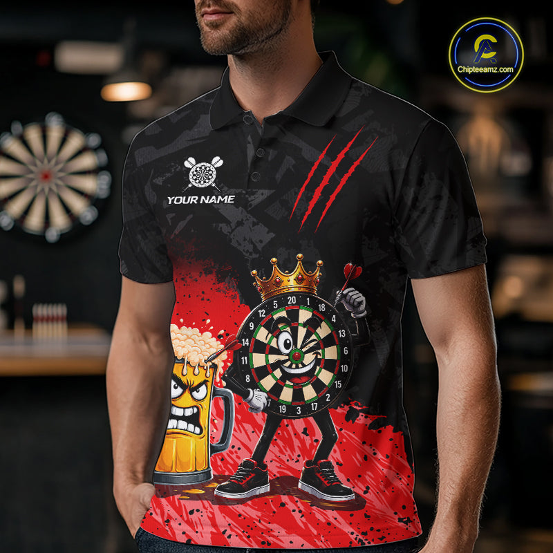 Man wearing personalized red funny crown dartboard beer darts team jersey polo shirt featuring crown dartboard beer artwork, front view.
