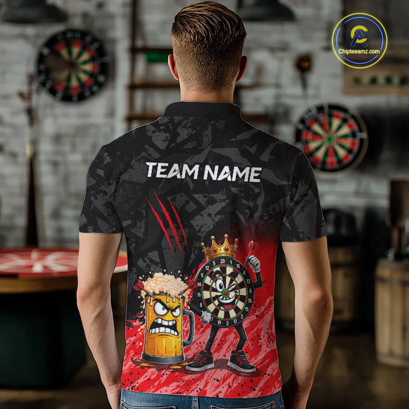 Man wearing personalized red funny crown dartboard beer darts team jersey polo shirt featuring crown dartboard beer artwork, back view.