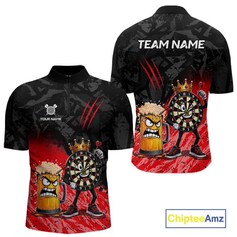 Personalized red funny crown dartboard beer darts team jersey quarter zip shirt for men featuring funny crown dartboard beer artwork, premium custom darts apparel.