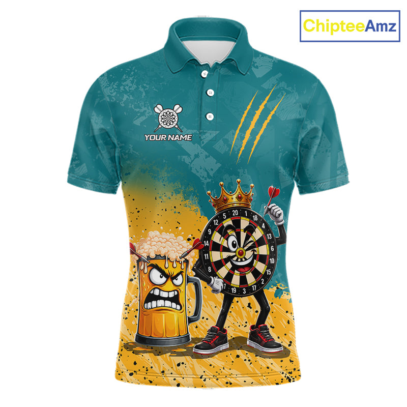 Personalized teal and yellow funny crown dartboard beer darts team jersey polo shirt for men featuring a crown dartboard and beer design, premium custom darts league apparel.