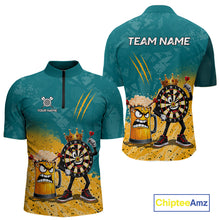 Load image into Gallery viewer, Personalized teal and yellow funny crown dartboard beer darts team jersey quarter zip shirt for men featuring funny crown dartboard beer artwork, premium custom darts apparel.