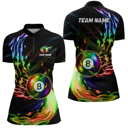 Personalized 8 Ball Pool Rainbow Fire Flame Billiard Shirts For Women, Colorful Billiard Jerseys TDM3240