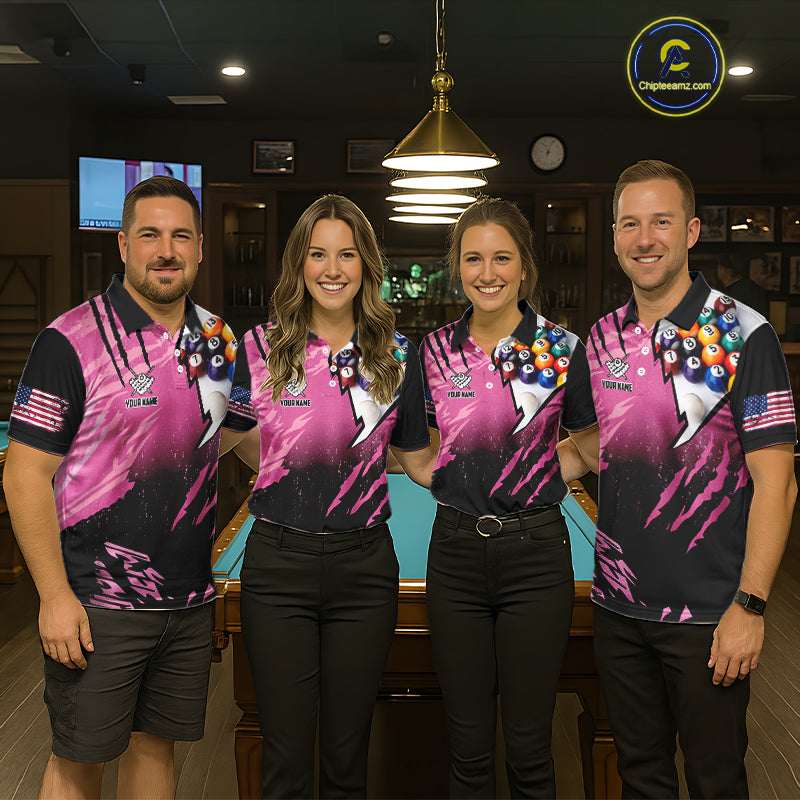 Personalized Pink Black Billiard Shirt For Men Custom 8 Ball Pool Billiard Jersey Polo & 1/4 Zip TDM5472