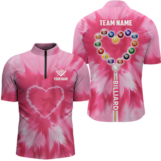 Personalized Pink Tie Dye Heart Billiard Men Quarter-Zip Shirt, Billiard Valentines Shirts TDM0924