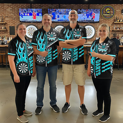 Black And Turquoise Flaming Smoke Darts Shirt For Men Custom Darts Jersey Team Polo & 1/4 Zip TDM6097