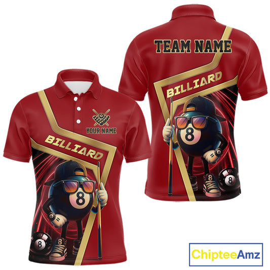 Red Funny 8 Ball Pool Billiard Shirt For Men Custom Gold Billiard Team Jersey Polo & 1/4 Zip TDM6354
