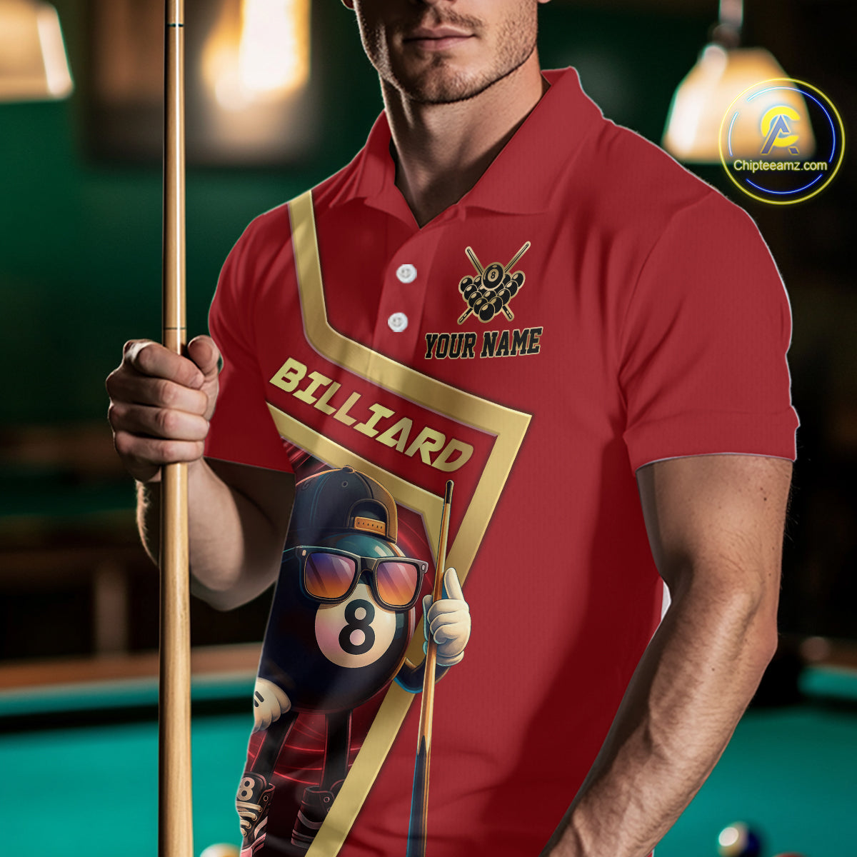 Red Funny 8 Ball Pool Billiard Shirt For Men Custom Gold Billiard Team Jersey Polo & 1/4 Zip TDM6354
