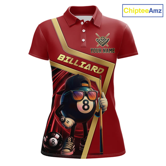 Red Funny 8 Ball Pool Billiard Shirt For Women Custom Gold Billiard Team Jersey Polo & 1/4 Zip TDM6354