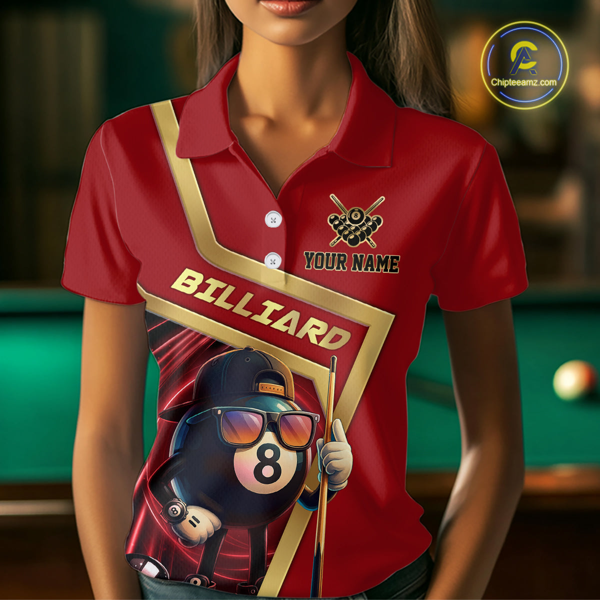 Red Funny 8 Ball Pool Billiard Shirt For Women Custom Gold Billiard Team Jersey Polo & 1/4 Zip TDM6354